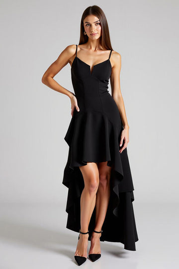 Vestidos Cerimónia Decote em V Preto Linha-A Assimétrico